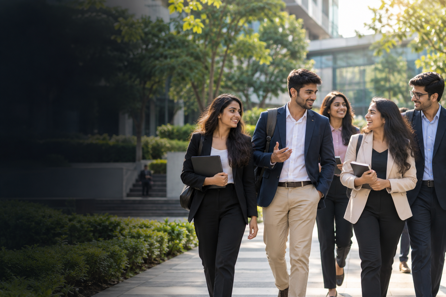 Graduate students on a modern campus